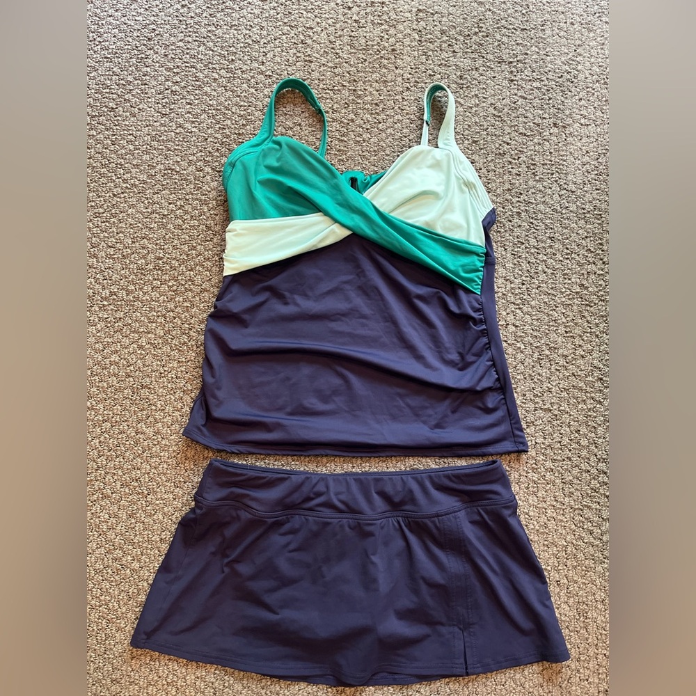 Lands End Tankini Set Ladies Size 10 Navy Blue Green EUC Summer Beach Vacay Pool